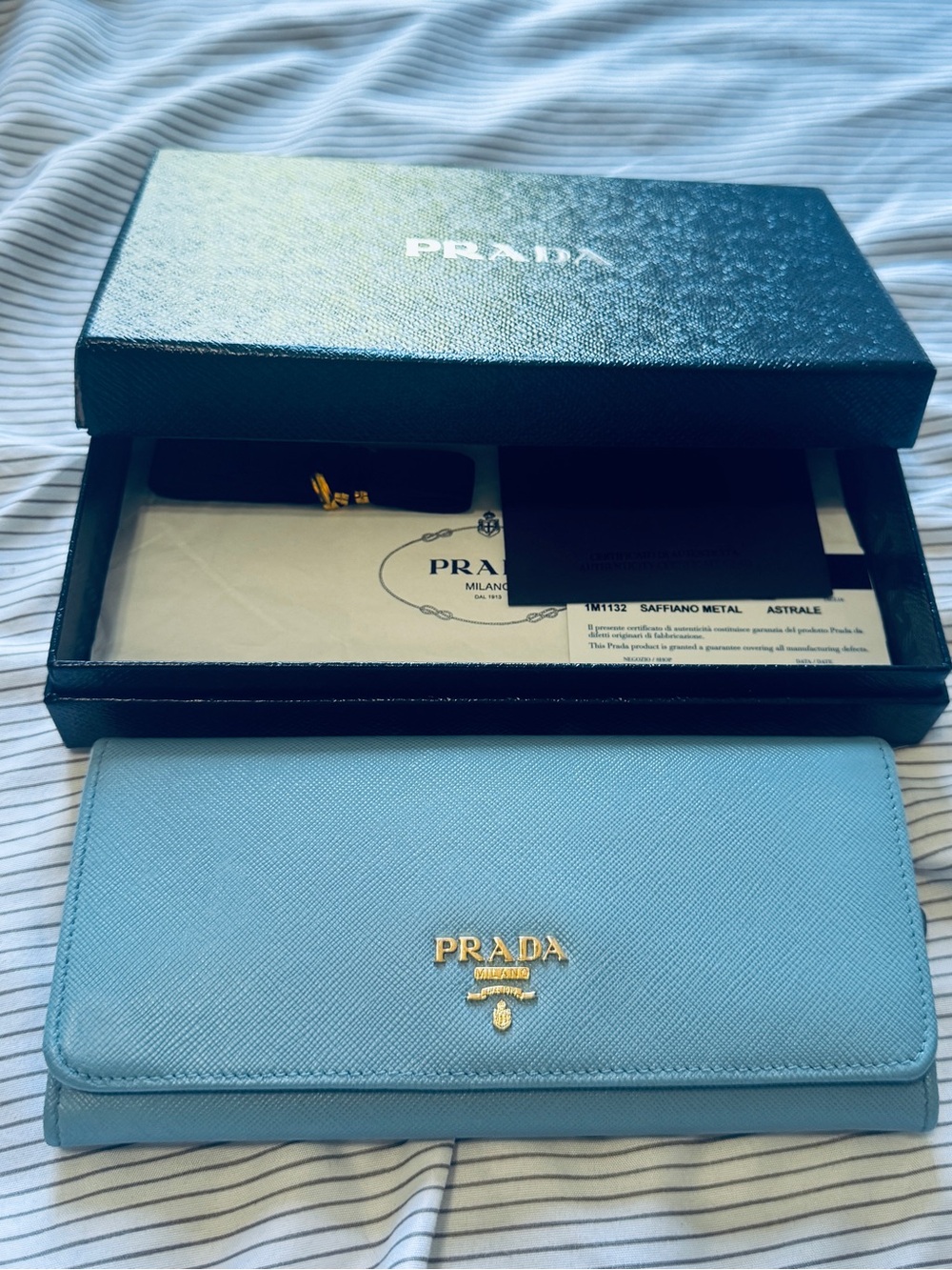 Authentic Prada Saffiano Leather Wallet – Light Blue, giftable condition